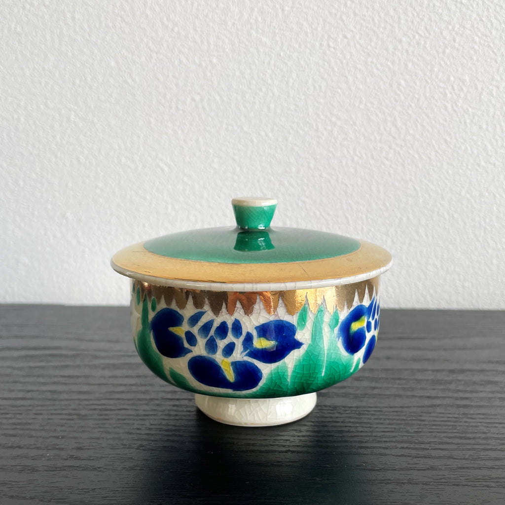九谷ビンテージキャンドル 花菖蒲の蓋つき茶碗