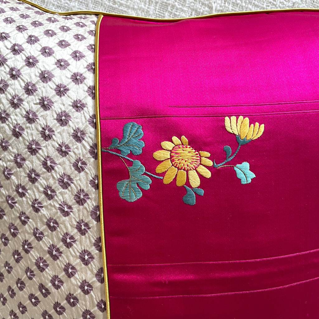 Vintage Kimono Cushion Cover with Fukujuso Embroidery